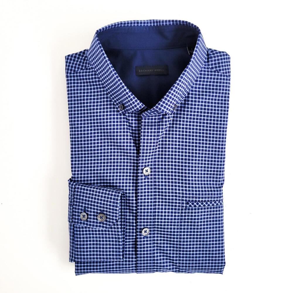 NEW Zachary Prell Micro Plaid Button Down Shirt Cotton Blue Mens S